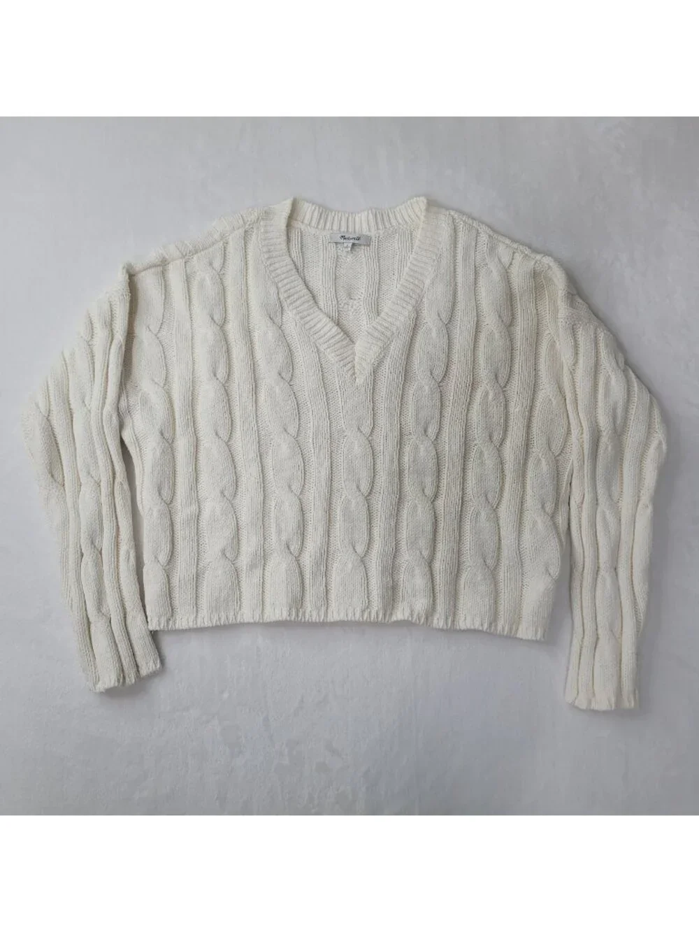 Madewell Women's Cream Cable Knit V-Neck Sweater Size L - Picture 1 of 8